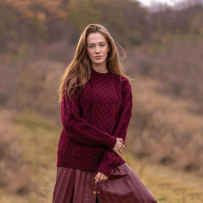 FL194-608 Women's Cable Aran Knit Fisherman Sweater, Wine Creative Irish Gifts
