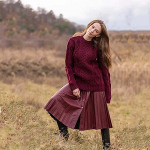 FL194-608 Women's Cable Aran Knit Fisherman Sweater, Wine Creative Irish Gifts

