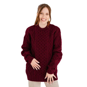 FL194-608 Women's Cable Aran Knit Fisherman Sweater, Wine Creative Irish Gifts
