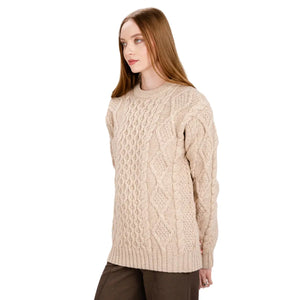 FL194-609 Women's Cable Aran Knit Fisherman Sweater, Parsnip Side View Creative Irish Gifts
