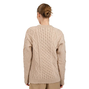 FL194-609 Women's Cable Aran Knit Fisherman Sweater, Parsnip Back View Creative Irish Gifts
