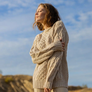 FL194-609 Women's Cable Aran Knit Fisherman Sweater, Parsnip Creative Irish Gifts
