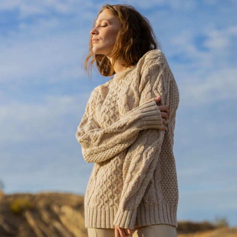 FL194-609 Women's Cable Aran Knit Fisherman Sweater, Parsnip Creative Irish Gifts
