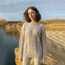 FL194-609 Women's Cable Aran Knit Fisherman Sweater, Lifestyle Parsnip Front Creative Irish Gifts
