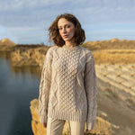FL194-609 Women's Cable Aran Knit Fisherman Sweater, Lifestyle Parsnip Front Creative Irish Gifts
