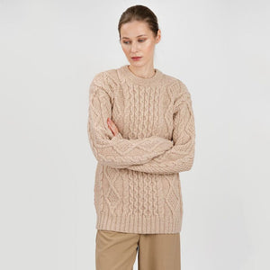FL194-609 Women's Cable Aran Knit Fisherman Sweater, Parsnip Creative Irish Gifts
