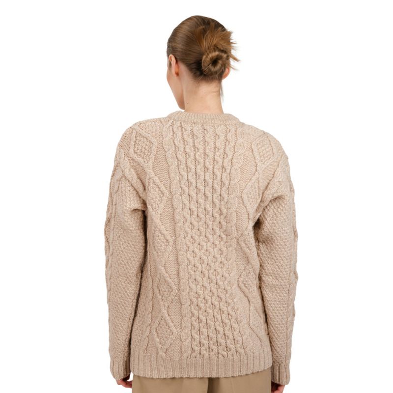 FL194-609 Women's Cable Aran Knit Fisherman Sweater, Parsnip Back View Creative Irish Gifts
