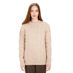 FL194-609 Women's Cable Aran Knit Fisherman Sweater, Parsnip Creative Irish Gifts
