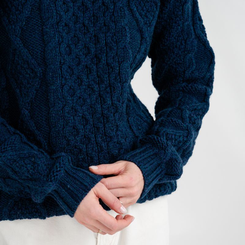 FL194-610 Women's Cable Aran Knit Fisherman Sweater, Navy Studio Creative Irish Gifts
