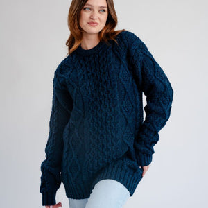 FL194-610 Women's Cable Aran Knit Fisherman Sweater, Navy Creative Irish Gifts

