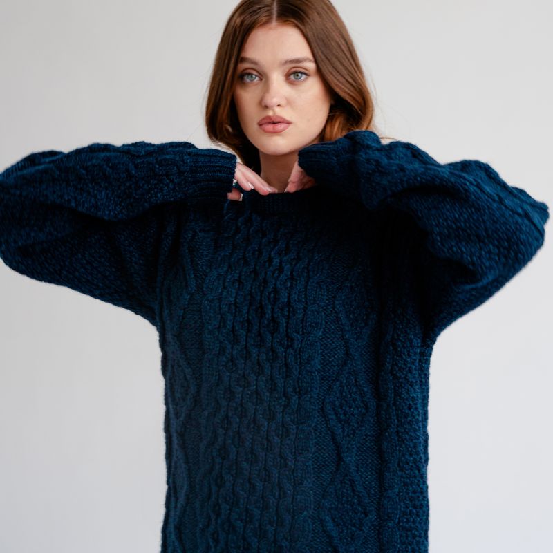 FL194-610 Women's Cable Aran Knit Fisherman Sweater, Navy Front View Creative Irish Gifts
