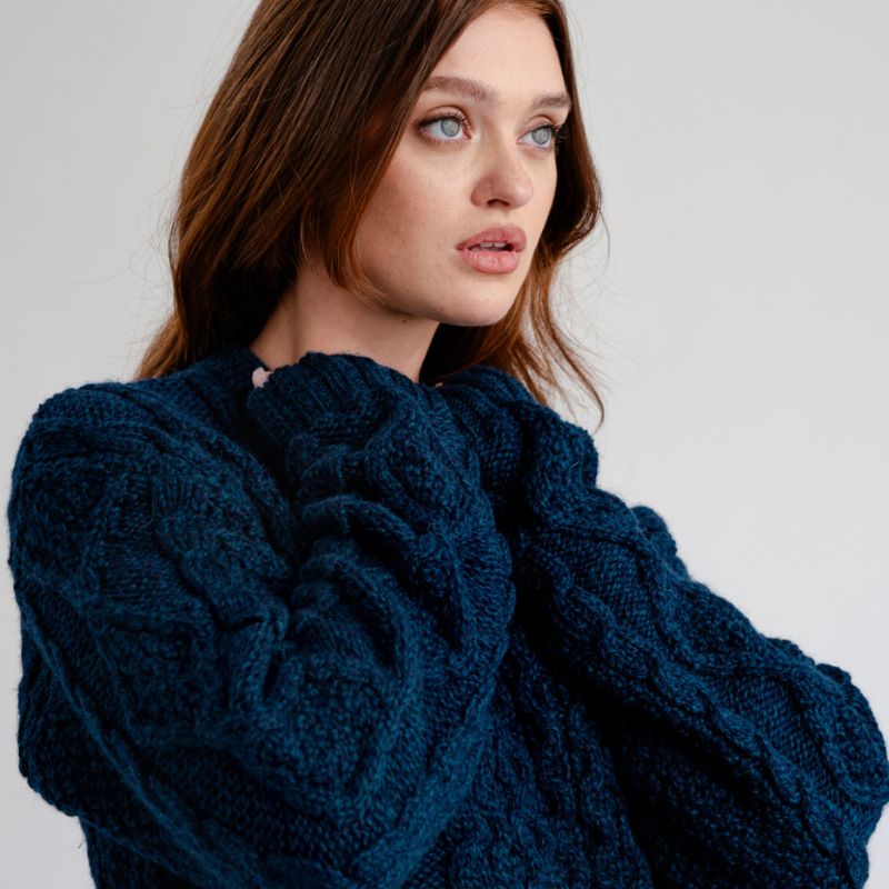 FL194-610 Women's Cable Aran Knit Fisherman Sweater, Navy side view Creative Irish Gifts
