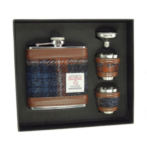 Set of Harris Tweed Hip Flask with Cups   Grey Rust Creative Irish Gifts