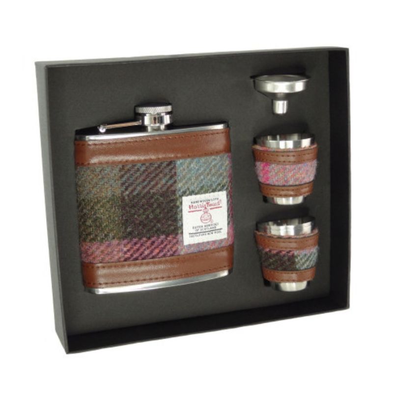 Set of Harris Tweed Hip Flask with Cups   Muted Green Creative Irish Gifts
