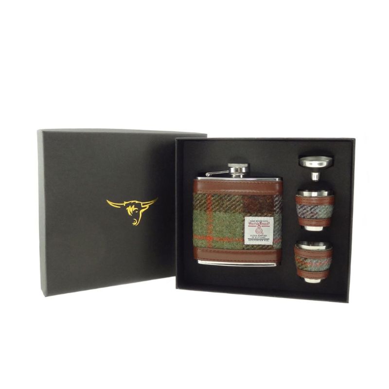 Set of Harris Tweed Hip Flask with Cups   Macleod Creative Irish Gifts