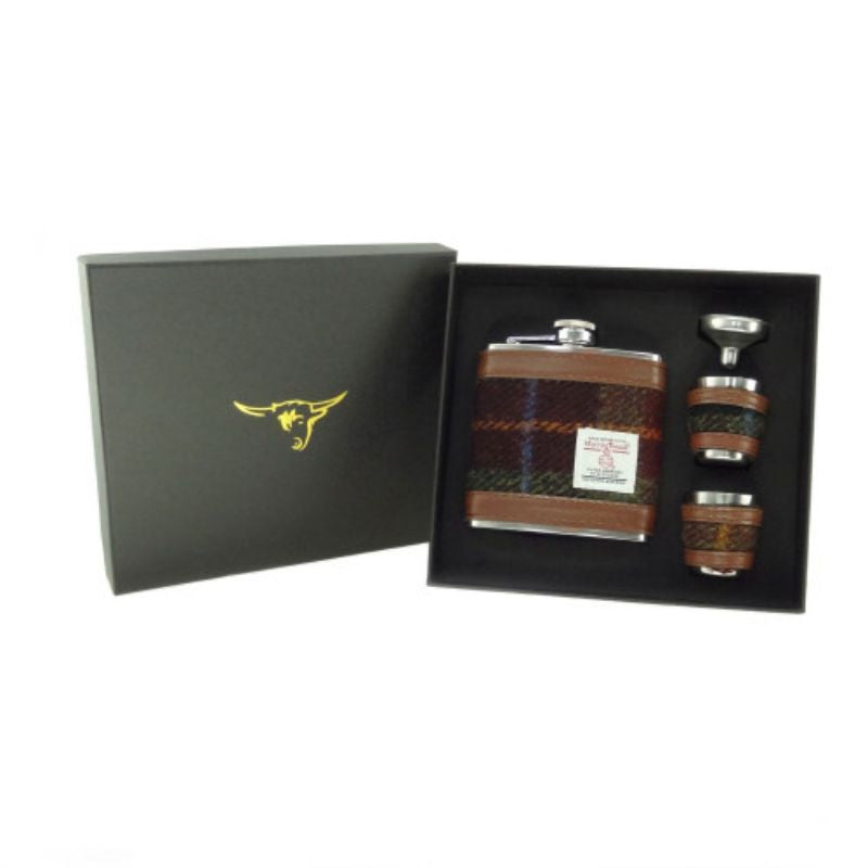 Set of Harris Tweed Hip Flask with Cups   Rust Check Creative Irish Gifts
