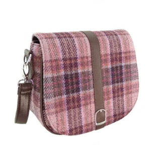 GA-LB1000- Harris Tweed & Vegan Leather Tartan Shoulder Bag, Pink Burgundy Creative Irish Gift
