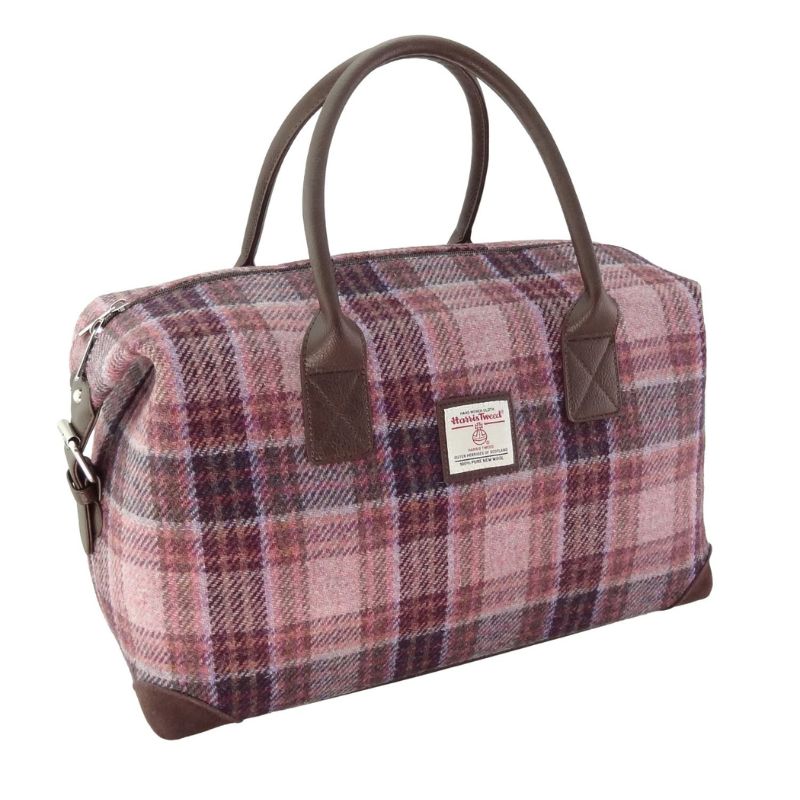 Scottish Tartan Harris Tweed Overnight Bag Pink Burgundy Creative Irish Gifts