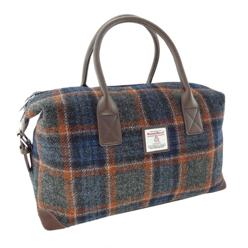 Scottish Tartan Harris Tweed Overnight Bag Grey With Rust Check Creative Irish Gifts
