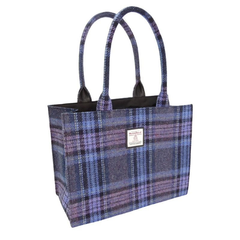 Handcrafted Harris Tweed Tote Bag with Tartan Pattern Blue Purple Creatie Irish Gifts