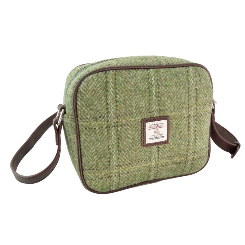 Harris Tweed & Leather Messenger Bag with Tartan Pattern Green Creative Irish Gifts