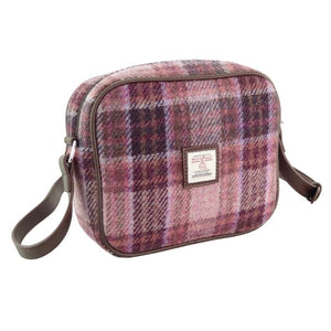 Harris Tweed & Leather Messenger Bag with Tartan Pattern Pink Burgundy Creative Irish Gifts