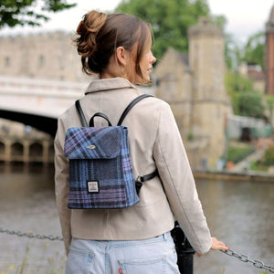 Harris Tweed Mini Backpack with Tartan Pattern Blue Purple Lifestyle  Creative Irish Gifts