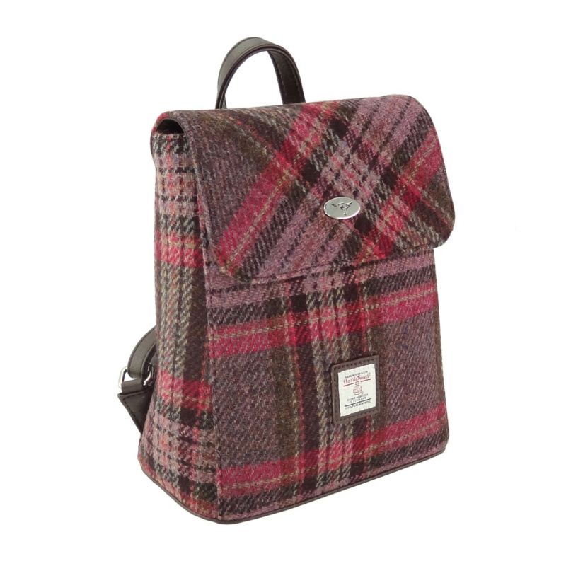 Harris Tweed Mini Backpack with Tartan Pattern Burgundy Pink Creative Irish Gifts