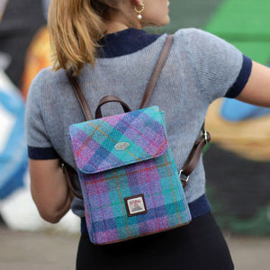Harris Tweed Mini Backpack with Tartan Pattern Green Purple Lifestyle Creative Irish Gifts