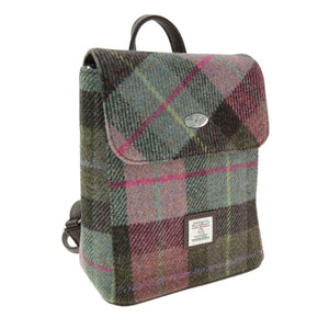 Harris Tweed Mini Backpack with Tartan Pattern Muted Green Creative Irish Gifts