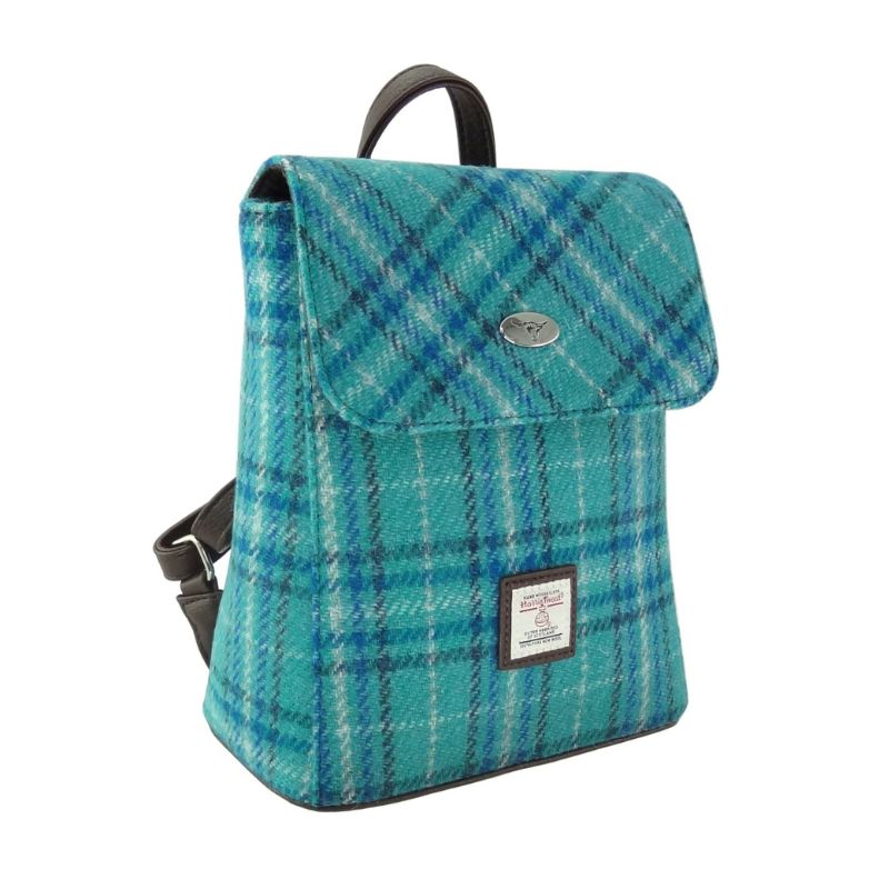 Harris Tweed Mini Backpack with Tartan Pattern Teal Blue Creative Irish Gifts
