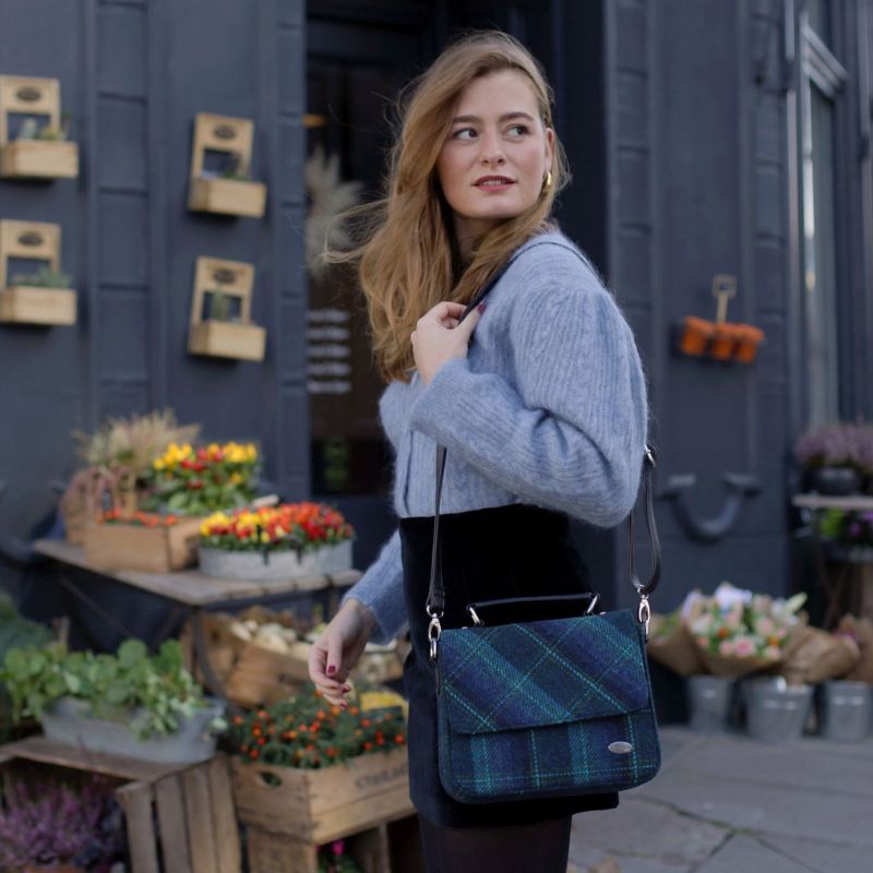 Mini Harris Tweed Satchel with Tartan Pattern Turquoise Creative Irish Gifts