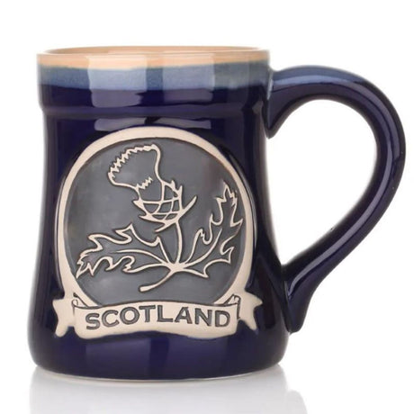 GA-PT1009-BLUE Hand Painted Stoneware Embossed Thistle Mug, Blue Creative Irish Gifts.com