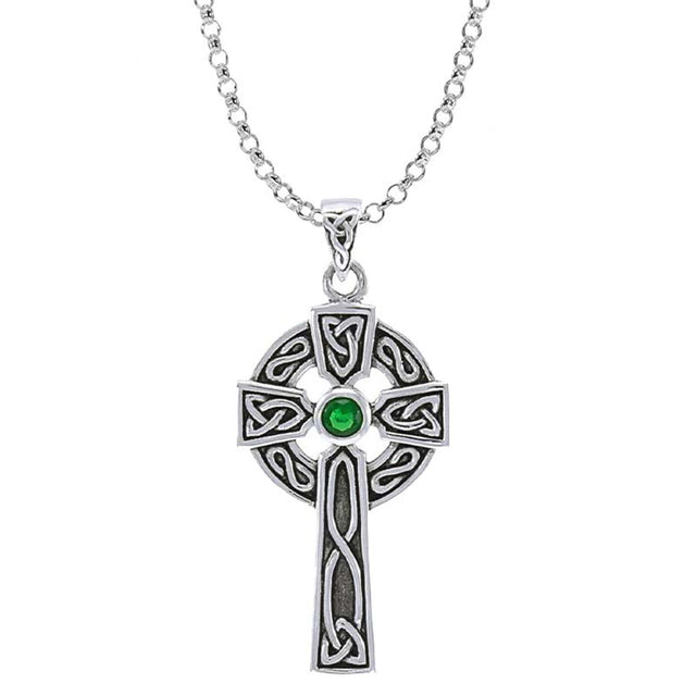 GS-TPGD038338-EG-set Celtic Cross Silver Pendant with Green Gemstone Creative Irish Gifts
