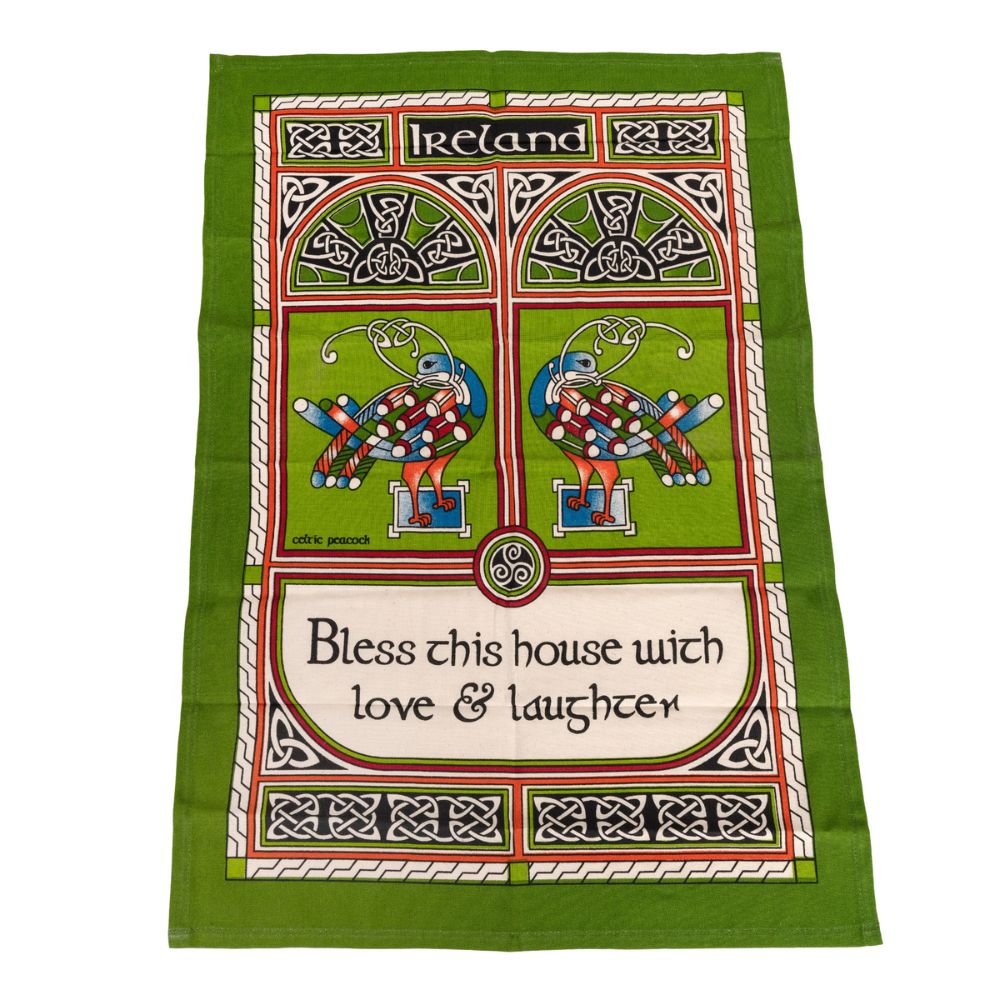 Celtic Tea Towel with Book of Kells Celtic Peacock Artwork Creative Irish Gifts