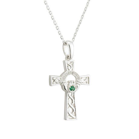 Silver Green Crystal Claddagh Cross Necklace - Creative Irish Gifts