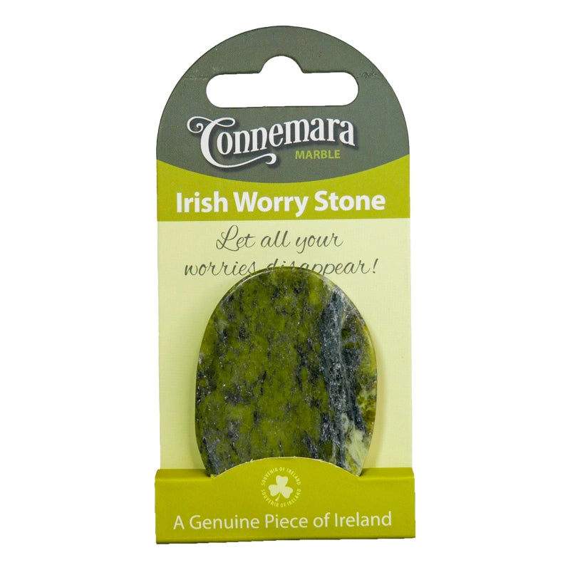 Irish Worry Stone packaging with Connemara Marble branding on a white background