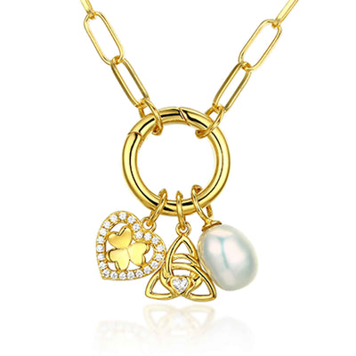 Gold Charm Necklace with Shamrock, Trinity and Pearl - Creative Irish Gifts