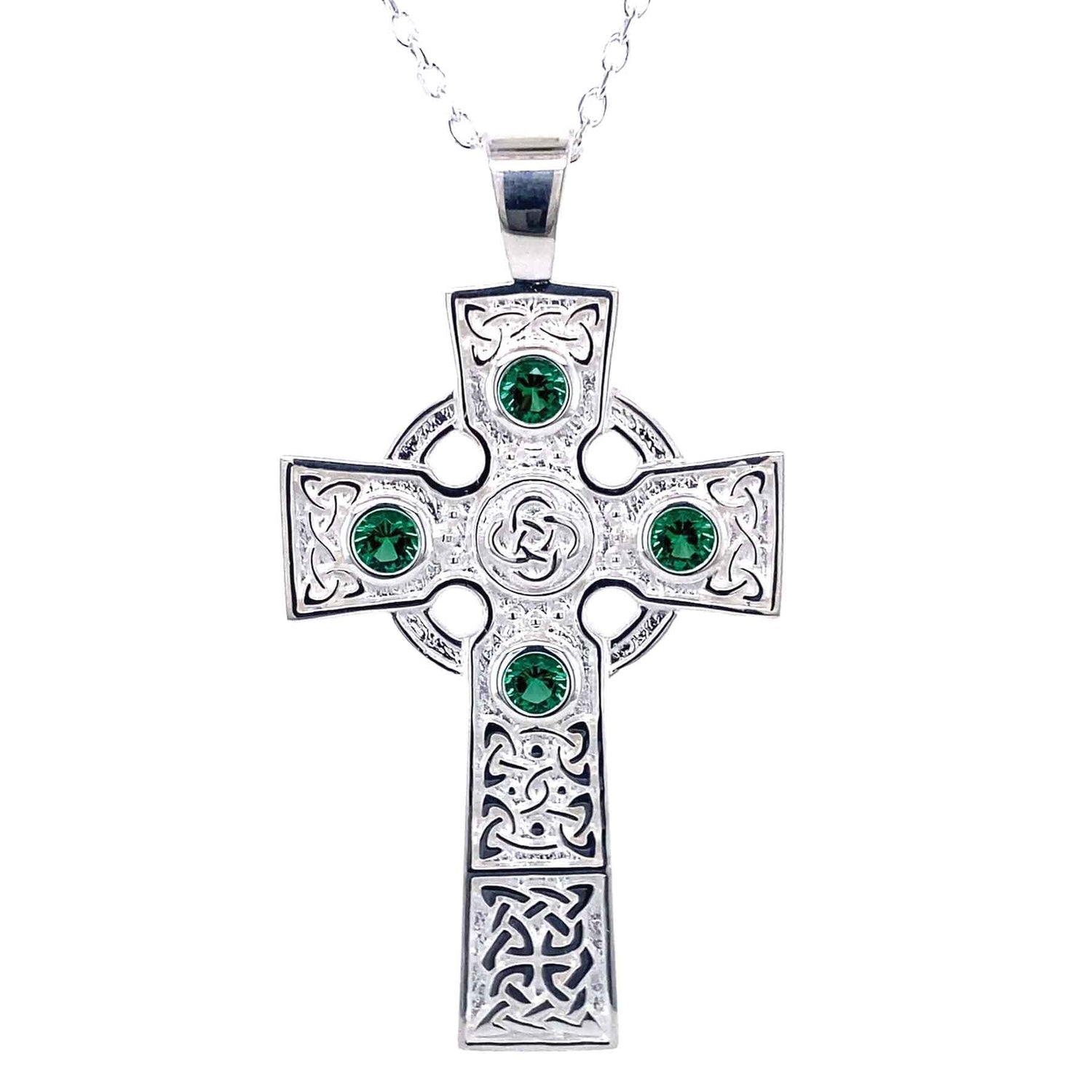 Irish Celtic Cross Necklace with Green Stones
