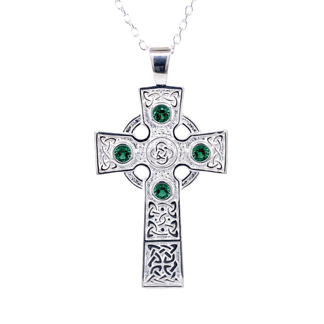 Irish Celtic Cross Necklace with Green Stones