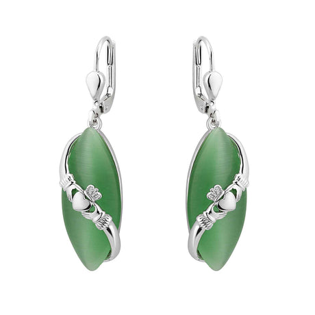 Rhodium Cat Eye Claddagh Drop Earrings - Creative Irish Gifts