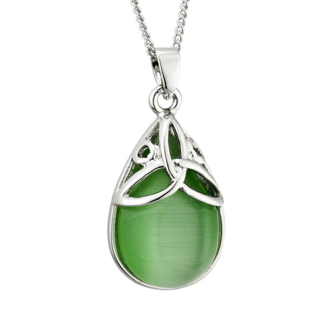 Rhodium Plated Green Cat Eye Trinity Knot Necklace - Creative Irish Gifts