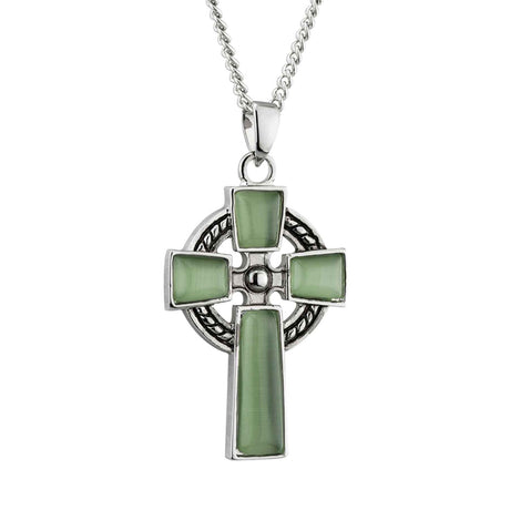 Rhodium Plated Green Cat Eye Celtic Cross Necklace - Creative Irish Gifts