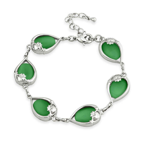 Rhodium Plated Green Cat Eye Claddagh Bracelet - Creative Irish Gifts