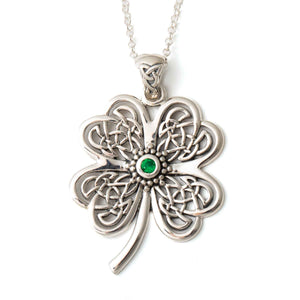 Lucky Celtic Four Leaf Clover Silver Pendant with Gemstone - Creative Irish Gifts