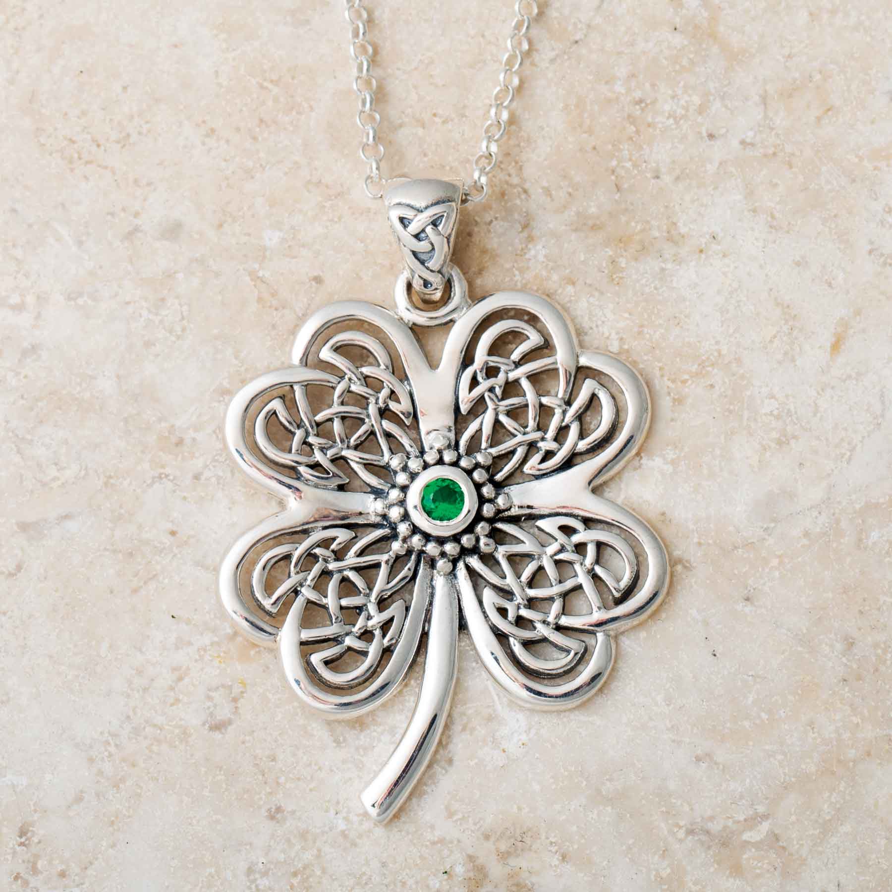 Lucky Celtic Four Leaf Clover Silver Pendant with Gemstone