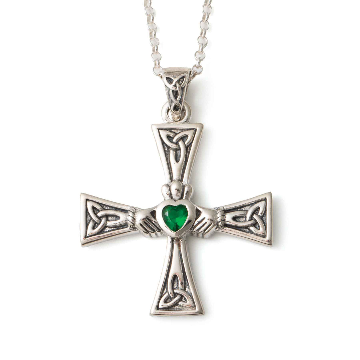Celtic Knot Cross Pendant with Emerald Claddagh Heart - Creative Irish Gifts