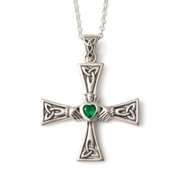 Celtic Knot Cross Pendant with Emerald Claddagh Heart - Creative Irish Gifts