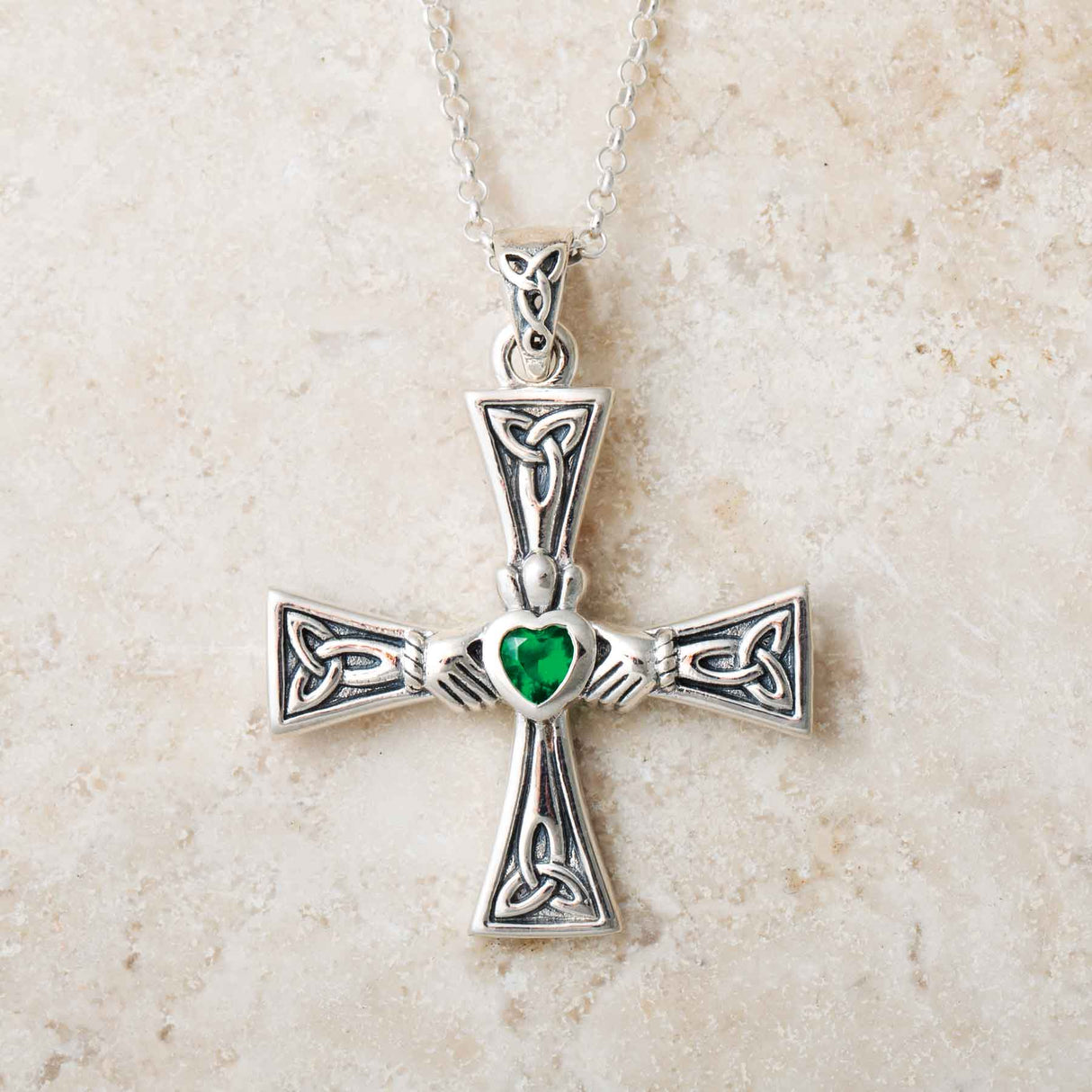 Celtic Knot Cross Pendant with Emerald Claddagh Heart - Creative Irish Gifts