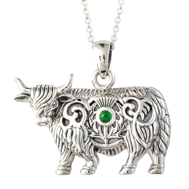 Highland Cow & Scottish Thistle Pendant Necklace with Emerald Gemstone - Creative Irish Gifts